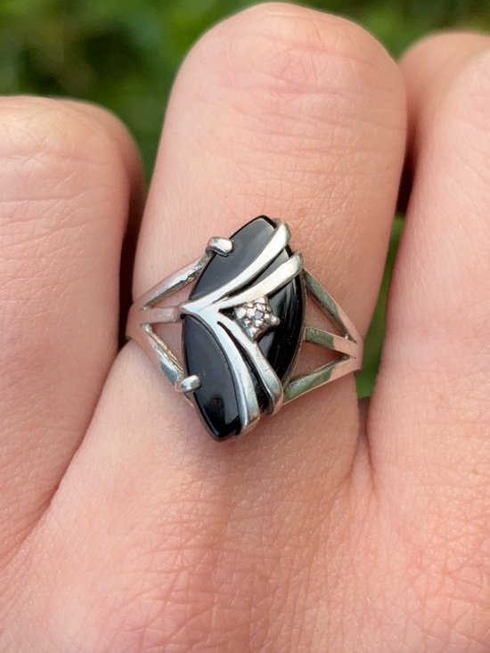 925 Sterling Silver Jewelry - Sterling Silver Vintage Art Deco Black Onyx Gemstone Diamond Navette Ring